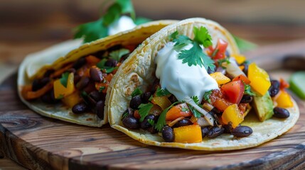 Wall Mural - Vegetarian Tacos: A colorful vegetarian taco with black beans, roasted vegetables, and a dollop of vegan sour cream