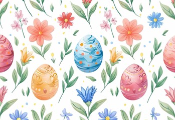 Wall Mural - Easter seamless pattern with eggs and spring flowers. Easter celebration concept