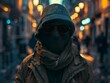 Undercover Spy, Disguise, High-tech gadgets, In a bustling city square, Evening, Photography, Backlights, Depth of Field Bokeh Effect