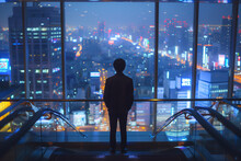 Man Standing On Escalator Looking At City At Night, Adult, Business Person, Business, Success