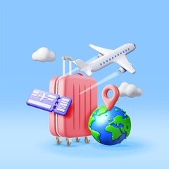 Canvas Print - 3d Airline Ticket, Travel Bag, Globe and Airplane. Render Paper Ticket with Plane Icon, Suitcase and Planet Earth. Travel Element. Holiday or Vacation. Transportation Document. Vector Illustration