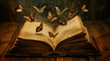 Open book with golden butterflies flying out on a black background, imagination concept