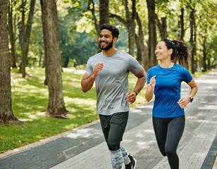 Running in park at morning time. Cheerful husband and wife competing together and jogging on fresh air. Active people wearing sport clothes doing cardio for good health and staying fit