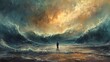 Lone Figure Standing Before Vast Ocean With Dramatic Sky