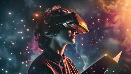 Wall Mural - Person with VR Headset Immersed in Cosmic Environment with Ai generated.
