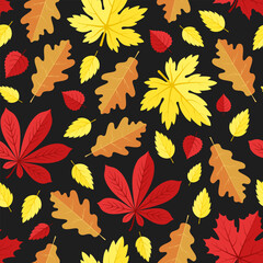 Wall Mural - Fall vector seamless pattern. Red, yellow and orange autumn leaves on black background. Best for textile, wallpapers, wrapping paper, package and your design.