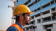 © Alexander - A construction site laborer standing in a safety vest and helmet, pondering on a construction site. Portrait of a laborer or architect