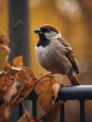 Wall Mural - portrait of house sparrow bird on outdoor park in city at autumn with trees on background looking at camera from Generative AI