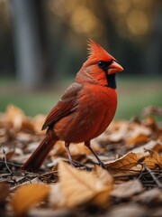 Wall Mural - portrait of northern cardinal bird on outdoor park in city at autumn with trees on background looking at camera from Generative AI