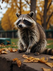 Wall Mural - portrait of raccoon on outdoor park in city at autumn with trees on background looking at camera from Generative AI