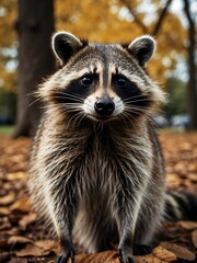 Wall Mural - portrait of raccoon on outdoor park in city at autumn with trees on background looking at camera from Generative AI