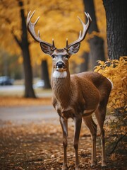 Wall Mural - portrait of whitetailed deer on outdoor park in city at autumn with trees on background looking at camera from Generative AI