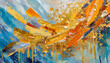 A large stroke oil painting, an art painting, a mural, a modern artwork, paint spots, brushstrokes, golden elements, orange, gold, blue, knife painting