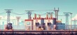 © Maxim - Illustration of a substation with switchgear and a transmission transformer. Colorful and stylized concept of electrical infrastructure with power lines and industrial buildings