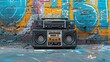 a boombox radio cassette tape recorder set against a vibrant graffiti wall art backdrop, capturing the essence of urban culture and retro music vibes.