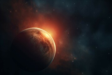 Wall Mural - a shot of a distant planet, with its atmosphere visible and its rings illuminated by the sun