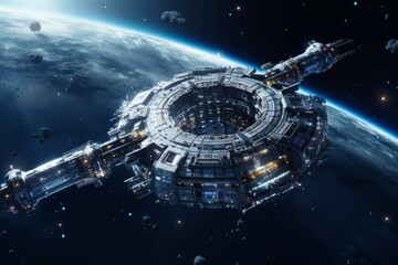 Wall Mural - a shot of a space station, with the stars and galaxies visible in the background
