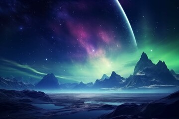 Wall Mural - a view of a distant planet with a bright, colorful aurora in the sky