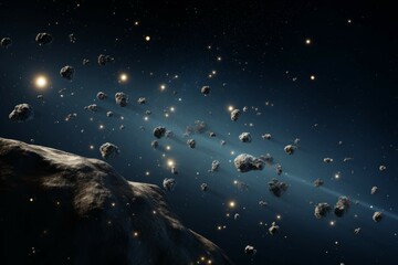 Wall Mural - a view of an asteroid belt, with small asteroids orbiting a distant star