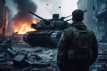 Sticker - A soldier in a camouflaged uniform standing in front of a tank in a destroyed city street, with smoke and destruction in the background