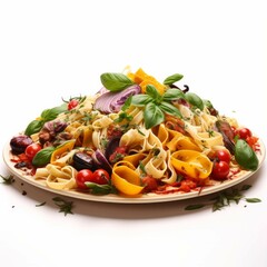 Wall Mural - A colorful and intricate dish of pasta, with a variety of vegetables, herbs, and spices scattered throughout, isolated on white background