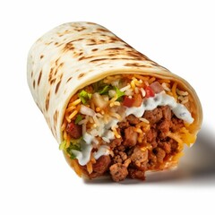 Wall Mural - A freshly prepared burrito, with a variety of fillings, isolated on white background