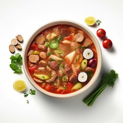 Wall Mural - A freshly made soup, with a variety of vegetables, meats, and spices, isolated on white background