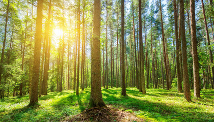 Beautiful forest panorama with large trees and bright sun