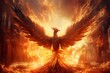 A phoenix rising from a burning pyre, with sparks and flames flying around it