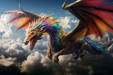 A Majestic Dragon Soaring Across A Sky Filled With Swirling Clouds And A Rainbow Of Colors