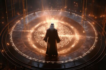 Wall Mural - a wizard standing in a circle of glowing runes, casting a spell
