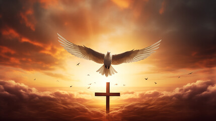 Wall Mural - Doves fly in the sky. Christians have faith in Holy Spirit. Silhouette worship to god with love Faith, Spirit and jesus christ. Christian praying for peace. Glowing cross and doves in cloudy sky