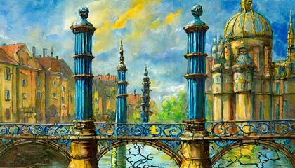 Wall Mural - Great white city, oil painting, impressionist, steampunk city, arcane, Piltover, Zaun, Blue lamposts, concept art