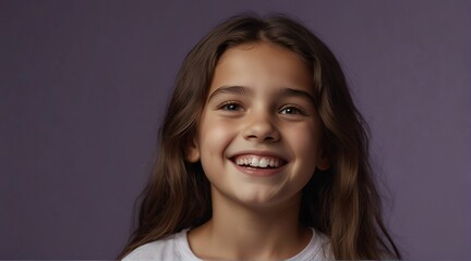 Wall Mural - young italian child girl on plain bright purple background laughing hysterically looking at camera background banner template ad marketing concept from Generative AI