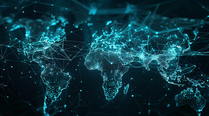 Poster - A blue and white image of the world with many lines connecting the continents