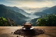 Espresso Coffee Cup with Beans on a Wooden Table with a View of a Mountain Range