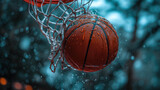 Fototapeta Londyn - basketball ball in a net close up on the street