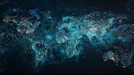 Poster - A blue and white image of the world with many dots