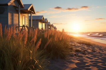 Wall Mural - a beach with beach huts in the background, illuminated by the light of the setting sun