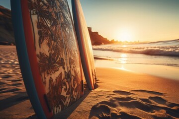 Wall Mural - a beach with surfboards in the background, illuminated by the light of the setting sun