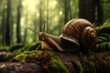 A giant snail crawling across a mossy forest floor.