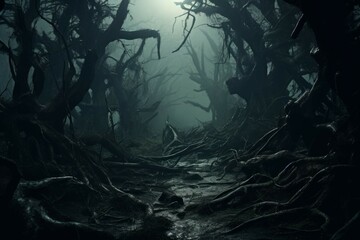 Wall Mural - spooky forest with twisted trees and mist