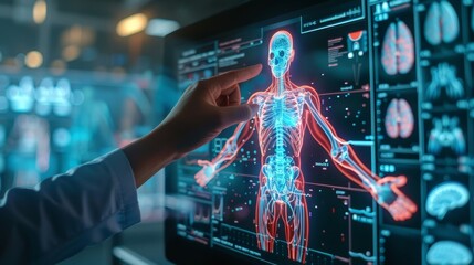 Poster - A person is pointing at a computer monitor displaying a 3D image of a human body. The image is in red and blue, and the person's hand is hovering over the skeleton