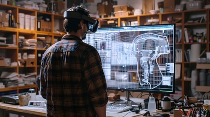 Poster - A man wearing a virtual reality headset is standing in front of a computer monitor. The room is filled with various objects, including books, a keyboard, and a mouse