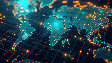 Poster - A computer generated image of the world with a blue and orange background