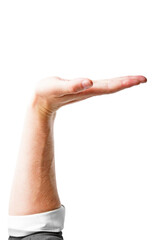 Wall Mural - A human hand shown palm up in a holding position, photographed in a closeup against a white background, conveying the concept of support or display