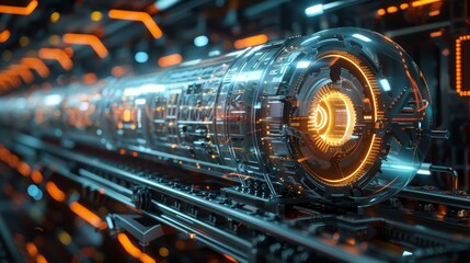 Wall Mural - A train with a glowing yellow engine is traveling through a tunnel. The train is surrounded by a futuristic, metallic environment