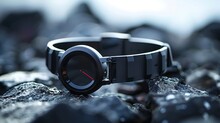 A watch with a black band sits on a rock. The watch face is black and the hands are red. The watch is not showing the time, but it is still a watch