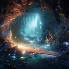 Wall Mural - ai-generated underwater cave with glowing crystals and mysterious creatures