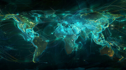 Poster - A blue and green world map with many lights on it